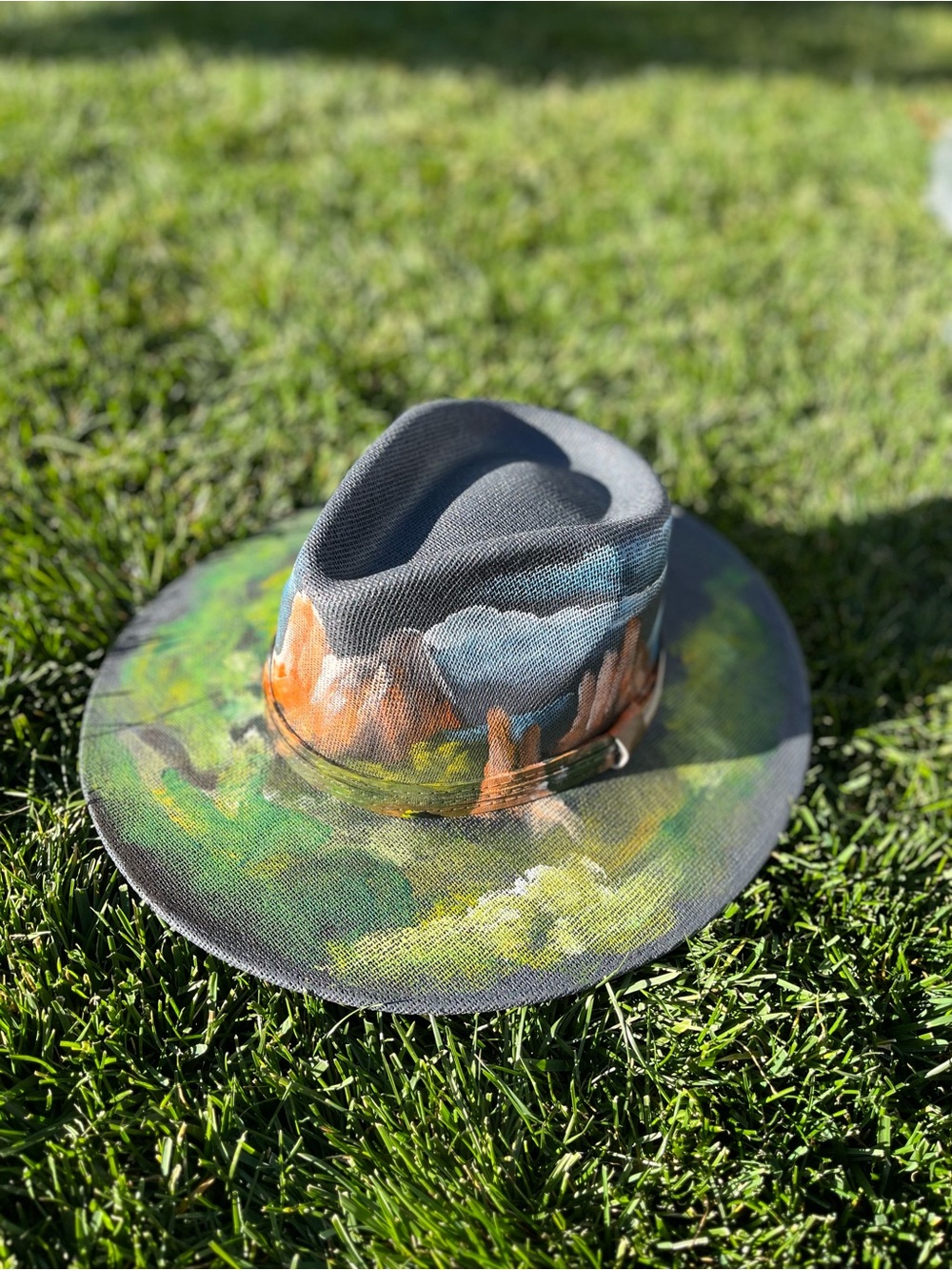 Unisex Hand-Painted of Garden of the Gods CO Hat in Green, Gray & Orange